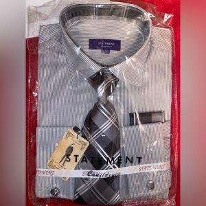 STATEMENT WHITE-BLACK DRESS SHIRT WITH TIE, HANKIE AND CUFF LINK SET-NWT